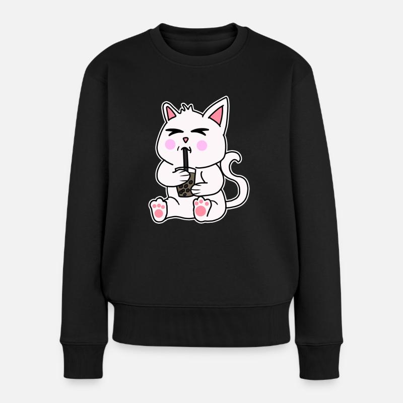 Bubble Tea Drinking White Cat Anime Kawaii - Women's Premium Organic Jumper - black
