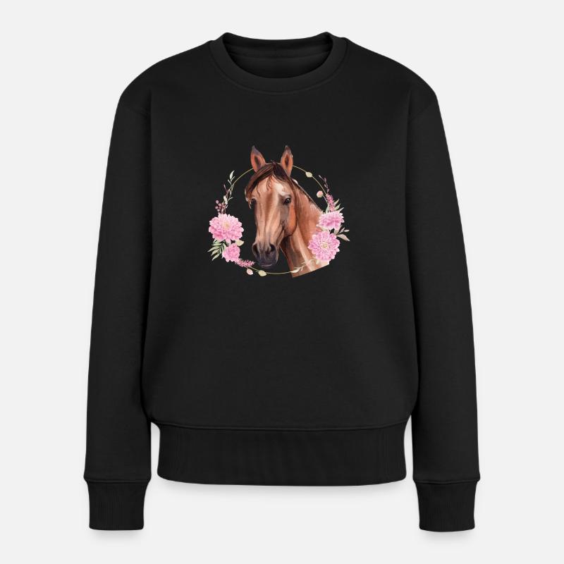 Grand cheval chemise filles enfants fleurs cheval - Pull Premium bio Femme - noir