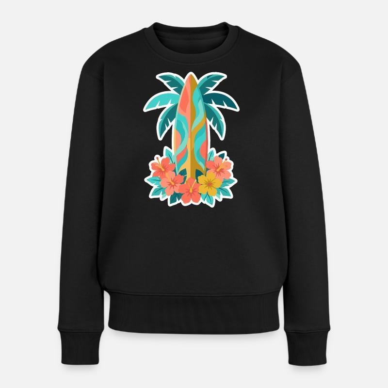 Floraison de l’hibiscus sur planche de surf tropicale - Pull Premium bio Femme - noir
