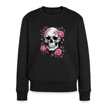 Totenkopf mit Rosen - Frauen Premium Bio Pullover - Schwarz - Vorne - Julia (174cm)