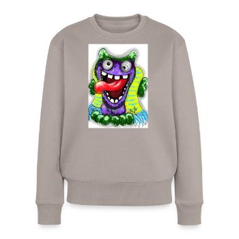 Bunter Cartoon Monster mit Riesenzunge - Frauen Premium Bio Pullover - Taupe - Vorne - Julia (174cm)