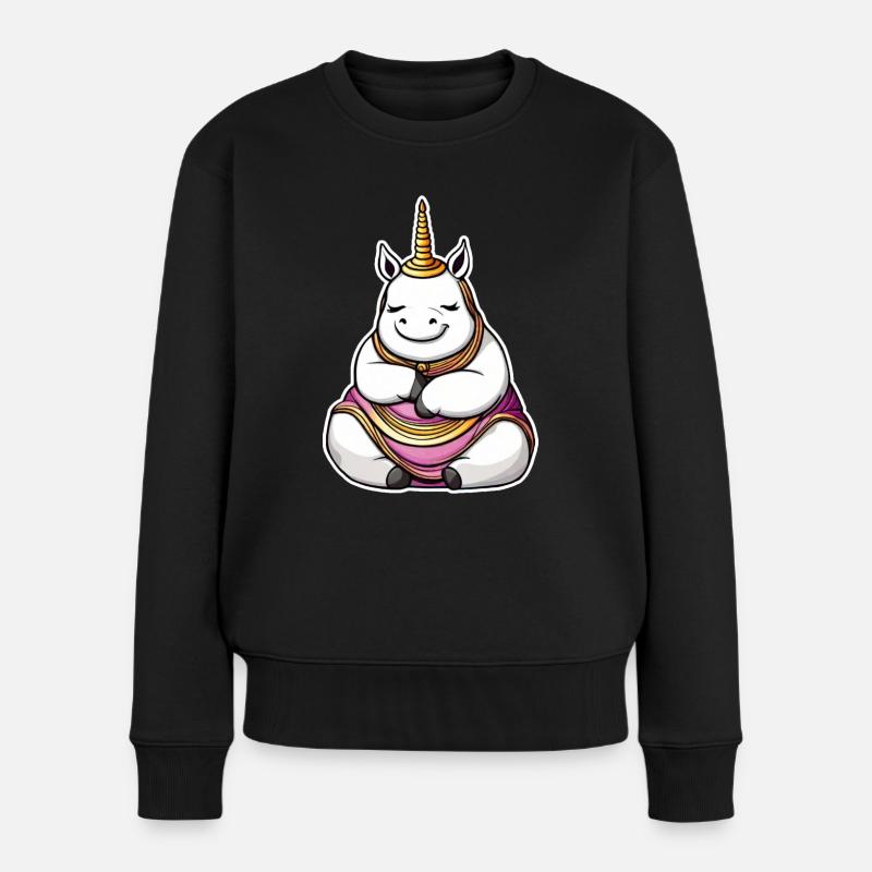 Dickes Baby Einhorn in Buddha Position - Frauen Premium Bio Pullover - Schwarz