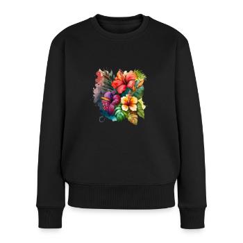 Tropische Blumen - Frauen Premium Bio Pullover - Schwarz - Vorne - Julia (174cm)