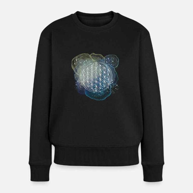 Lebensblume blauglitzernd - Frauen Premium Bio Pullover - Schwarz