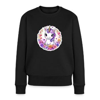 Licorne avec des fleurs/Roses colorées - Licorne douce - Pull Premium bio Femme - noir - Devant - Julia (174cm)