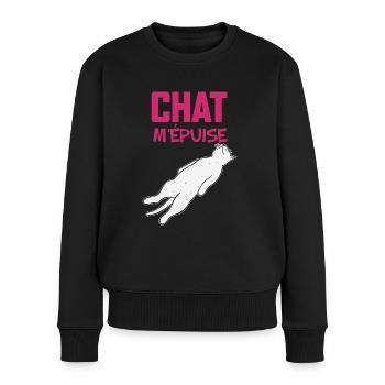 Chat M'Epuise Humour Femme Cadeau - Pull Premium bio Femme - noir - Devant - Julia (174cm)