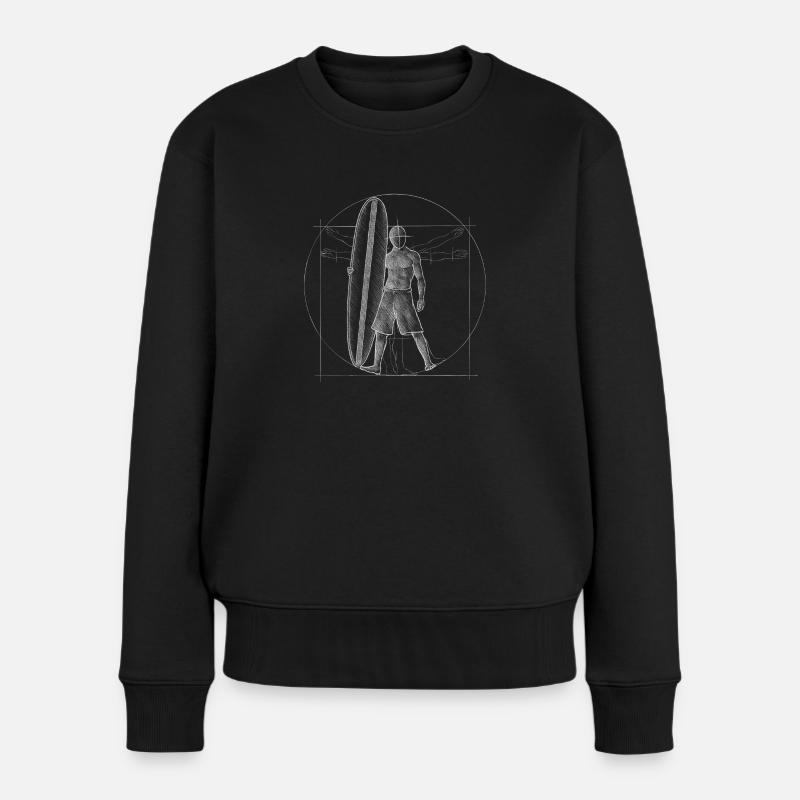 Surfer Dude Retro Surfboard Vitruvianischer Mensch - Frauen Premium Bio Pullover - Schwarz