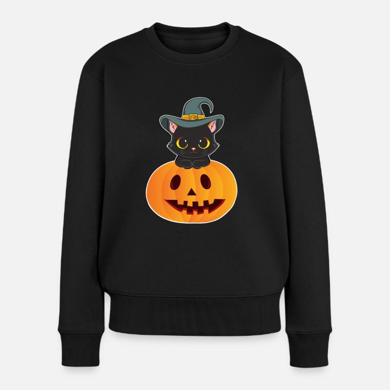 Halloween schwarze Katze mit Halloweenkürbis - Frauen Premium Bio Pullover - Schwarz