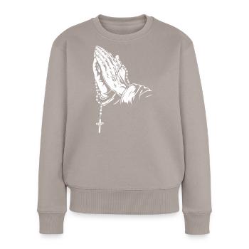 Betende Hände mit Rosenkranzkunstwerk - Frauen Premium Bio Pullover - Taupe - Vorne - Julia (174cm)