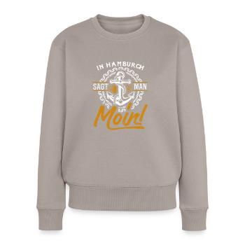 In Hamburch sagt man Moin – Maritimes Design - Frauen Premium Bio Pullover - Taupe - Vorne - Julia (174cm)