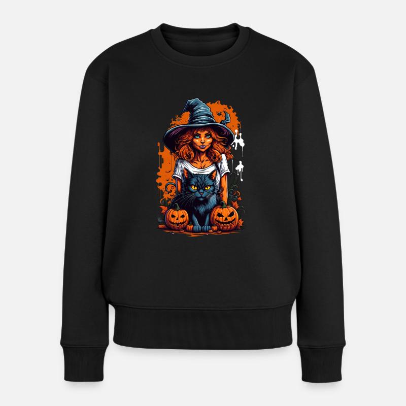 Halloween Hexe Schwarze Katze - Frauen Premium Bio Pullover - Schwarz
