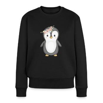 süßer Pinguin mit Blumenkranz - Frauen Premium Bio Pullover - Schwarz - Vorne - Julia (174cm)