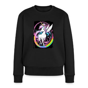 Einhorn auf Regenbogen - Frauen Premium Bio Pullover - Schwarz - Vorne - Julia (174cm)