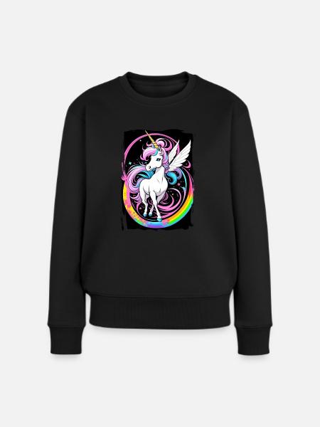 Einhorn auf Regenbogen - Frauen Premium Bio Pullover - Schwarz