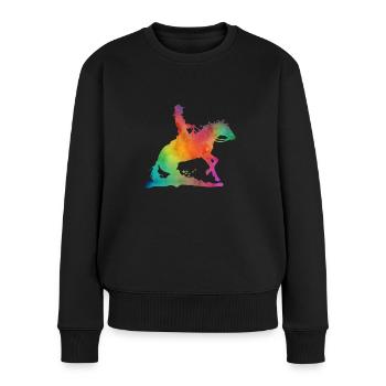 Westernreiterin Aquarell Look - Frauen Premium Bio Pullover - Schwarz - Vorne - Julia (174cm)