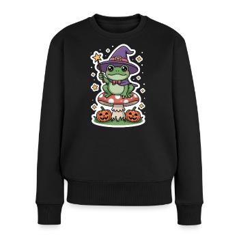 Grenouille sorcière d'Halloween sur amanite tue-mouches avec citrouille - Pull Premium bio Femme - noir - Devant - Julia (174cm)