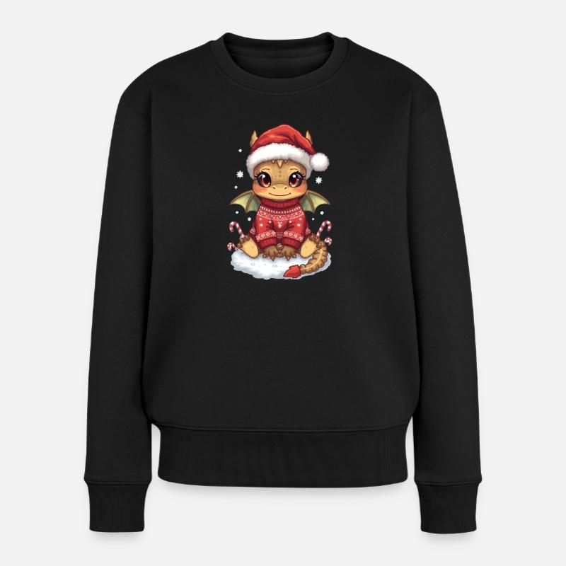Kawaii Weihnachtsdrache im roten Pullover - Frauen Premium Bio Pullover - Schwarz