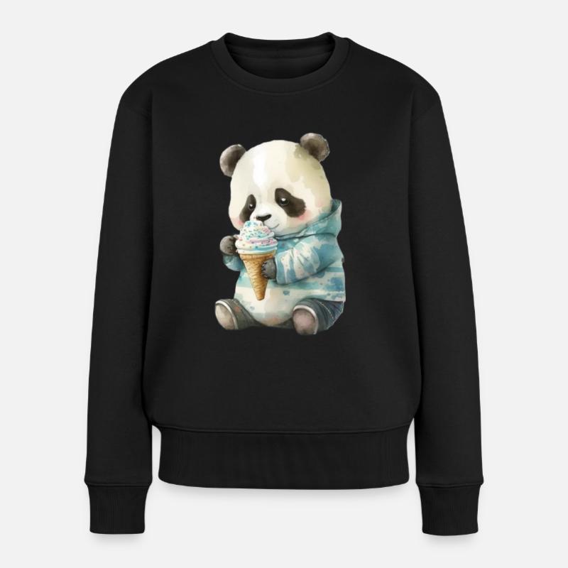 Panda - Eis essen - Frauen Premium Bio Pullover - Schwarz