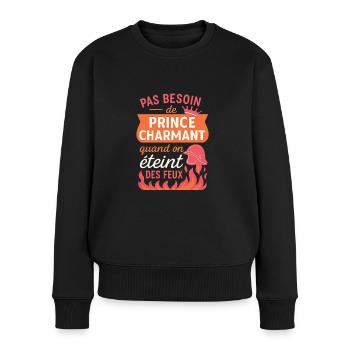 Pas besoin de prince charmant – Femme pompier. - Pull Premium bio Femme - noir - Devant - Julia (174cm)