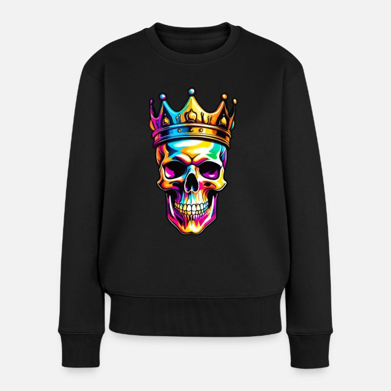 Bunter Totenkopf mit Krone - Frauen Premium Bio Pullover - Schwarz