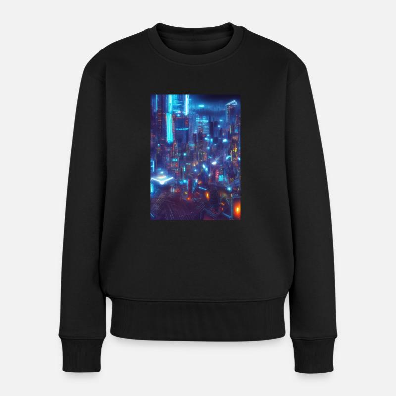 Cool Japanese Techno Cat In Japan Neon City - Frauen Premium Bio Pullover - Schwarz