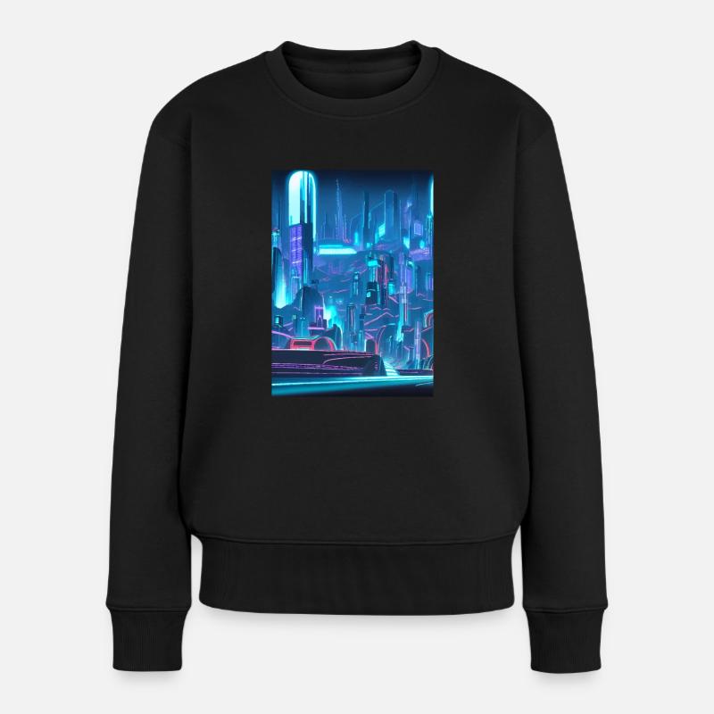 Cool Japanese Techno Cat In Japan Neon City - Frauen Premium Bio Pullover - Schwarz