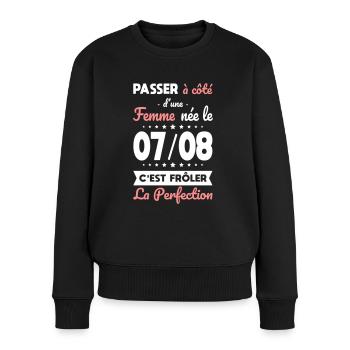 Anniversaire - Née le 7 Août Frôler perfection - Pull Premium bio Femme - noir - Devant - Julia (174cm)