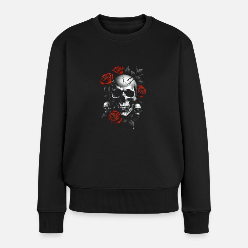 Ewiger Kontrast: Totenkopf und Rosen - Frauen Premium Bio Pullover - Schwarz