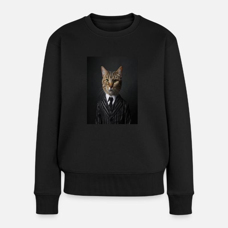 Chat Portrait de chat en costume rayé et cravate - Pull Premium bio Femme - noir