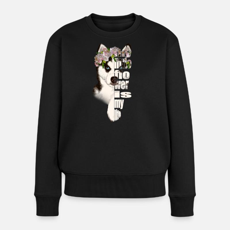 Husky avec une couronne de fleurs amour de la vie - Pull Premium bio Femme - noir