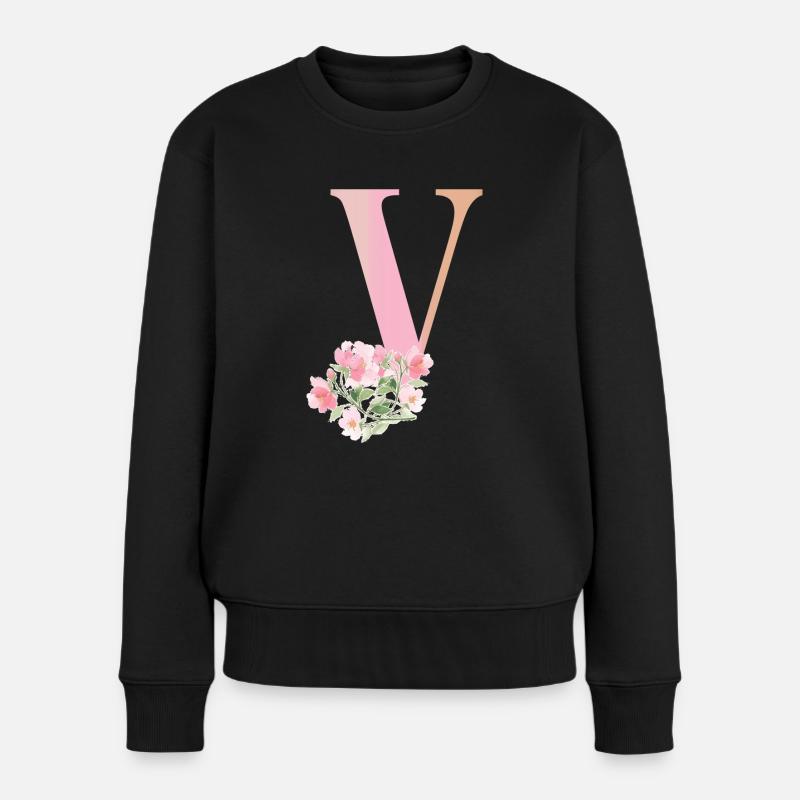 Buchstabe V mit Blumen - Frauen Premium Bio Pullover - Schwarz