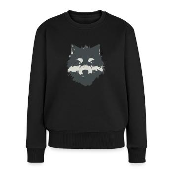 Mystische Eleganz: Das schwarz-weiße Wolfsgesicht - Frauen Premium Bio Pullover - Schwarz - Vorne - Julia (174cm)