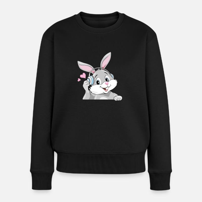 Lächelnder Hase, Musik über Kopfhörer hören - Frauen Premium Bio Pullover - Schwarz