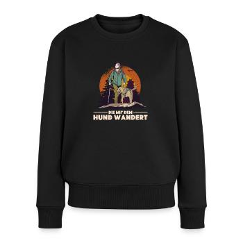 Die mit dem Hund wandert. Wandern Wald Berge Hunde - Frauen Premium Bio Pullover - Schwarz - Vorne - Julia (174cm)