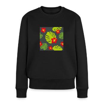 Hibiskus und Monstera auf dunklem Hintergrund - Frauen Premium Bio Pullover - Schwarz - Vorne - Julia (174cm)