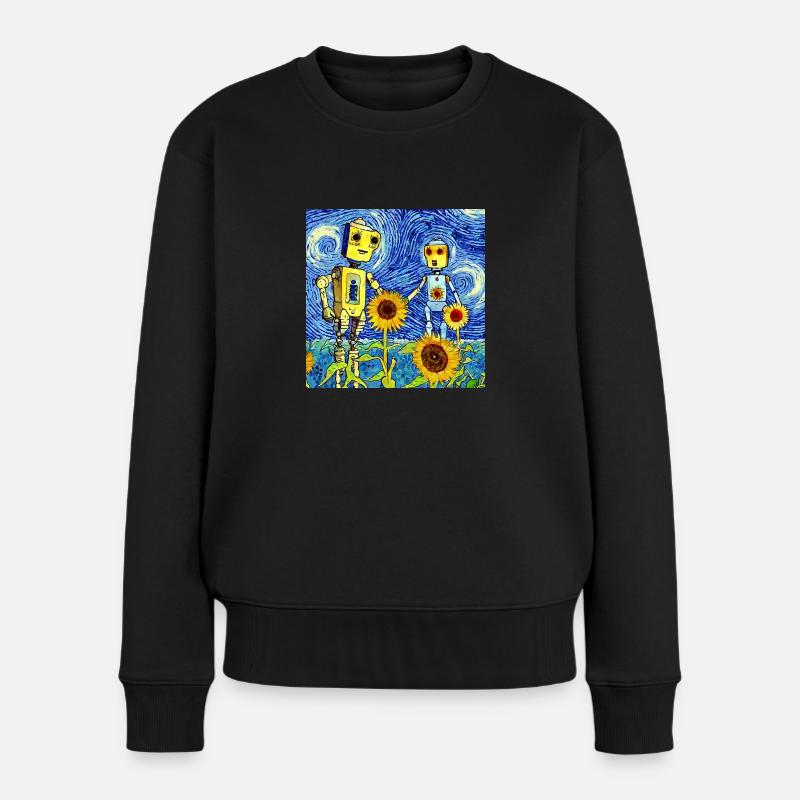 Händchenhaltende Roboter in einem Sonnenblumenfeld - Frauen Premium Bio Pullover - Schwarz
