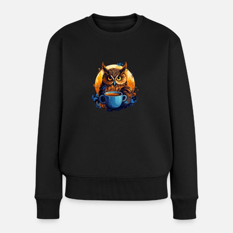 Le hibou grand-duc devant sa tasse de café - Pull Premium bio Femme - noir