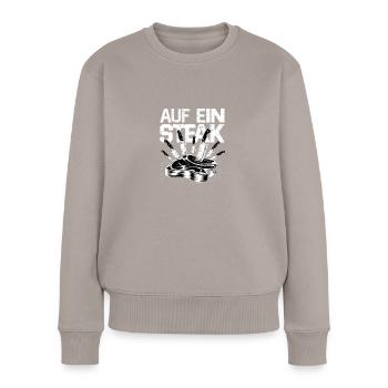 Sur un design de t-shirt steak - blanc - Pull Premium bio Femme - taupe - Devant - Julia (174cm)