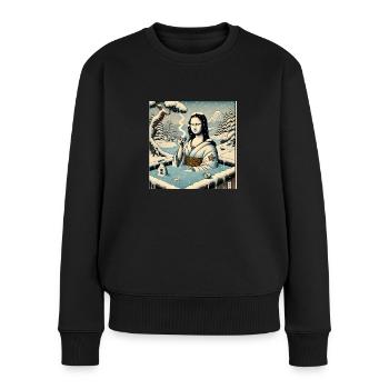 Mona Lisa trinkt Sake im Onsen - Frauen Premium Bio Pullover - Schwarz - Vorne - Julia (174cm)