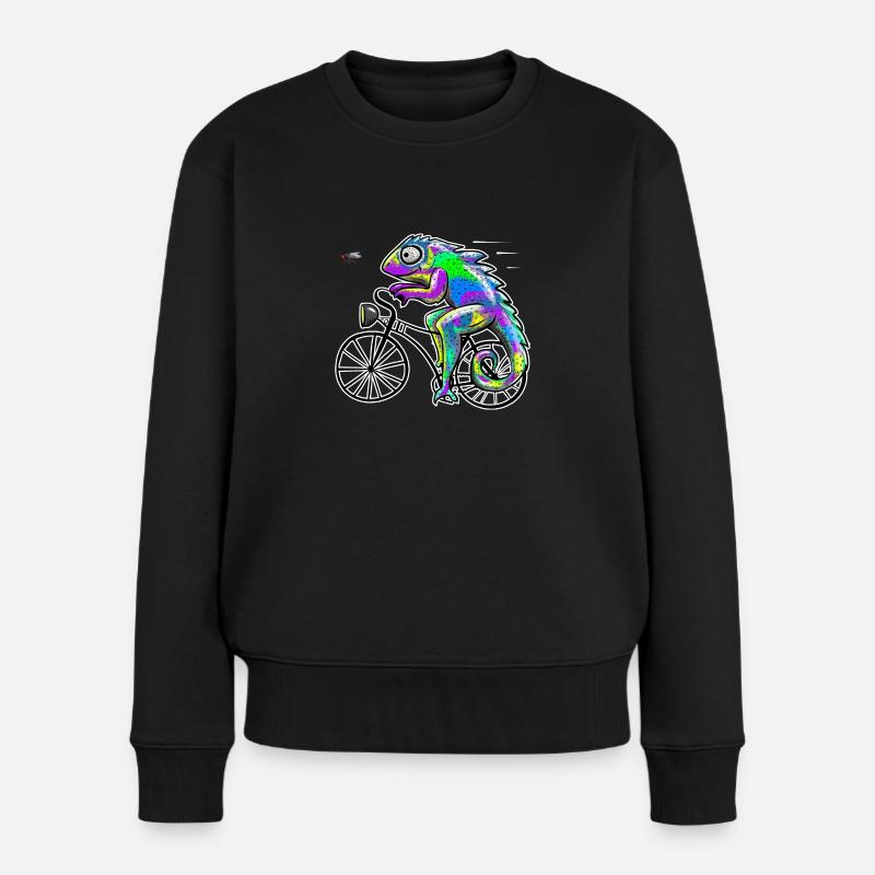 Chamäleon mit Fahrrad und Fliege - Frauen Premium Bio Pullover - Schwarz