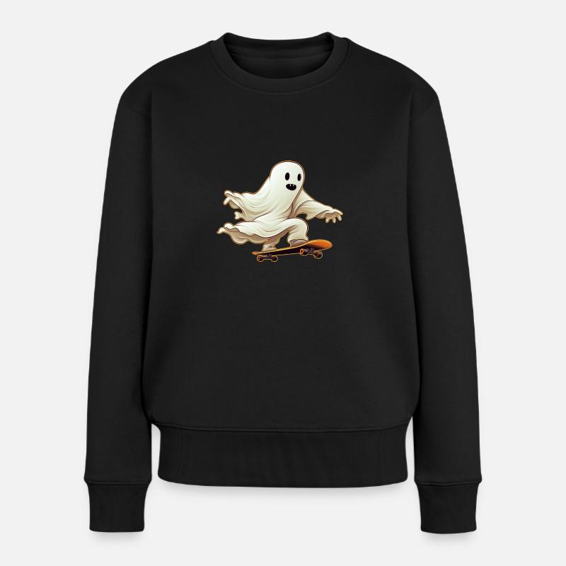 Funny Cartoon Comic style Ghost on his Skateboard - Frauen Premium Bio Pullover - Schwarz