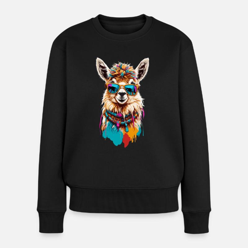 Buntes Lama: Süß & Lustig mit Sonnenbrille - Frauen Premium Bio Pullover - Schwarz