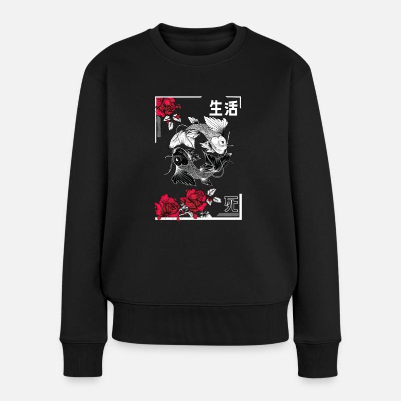 Yin und Yang Koi mit Rosen - Frauen Premium Bio Pullover - Schwarz