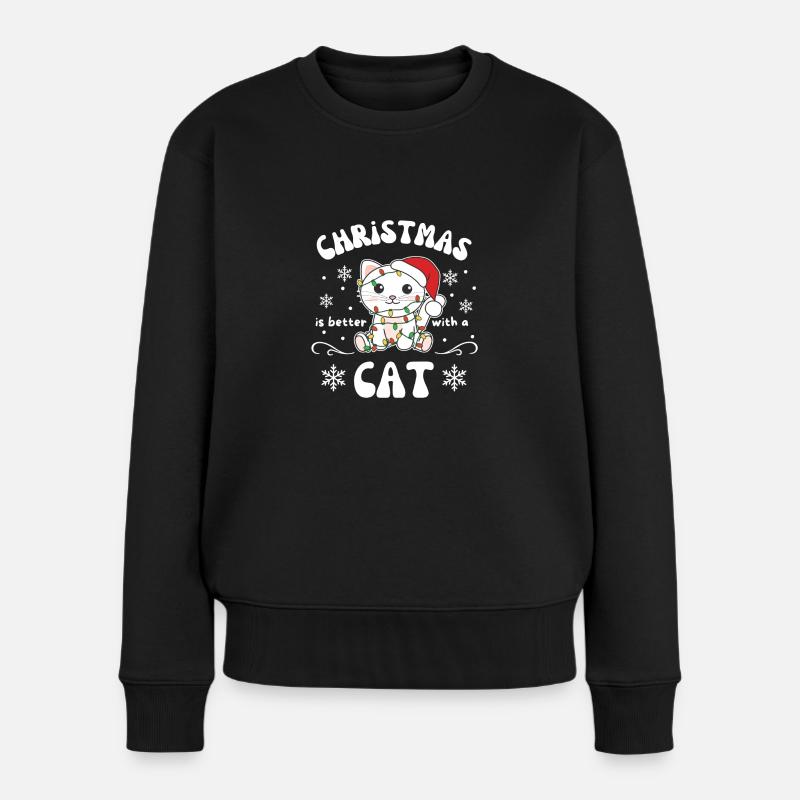 Weihnachten ist besser mit einer Katze - Frauen Premium Bio Pullover - Schwarz