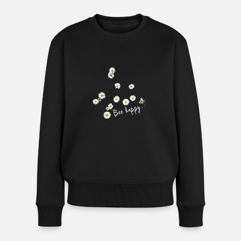 Bee happy, Biene,Gänseblümchen,Blumen - Frauen Premium Bio Pullover - Schwarz