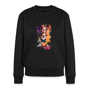 Dessin animé petite fille avec lunettes couleur un - Pull Premium bio Femme - noir - Devant - Julia (174cm)