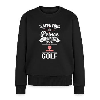 Je m'en fous du prince charmant - J'ai le golf - Pull Premium bio Femme - noir - Devant - Julia (174cm)