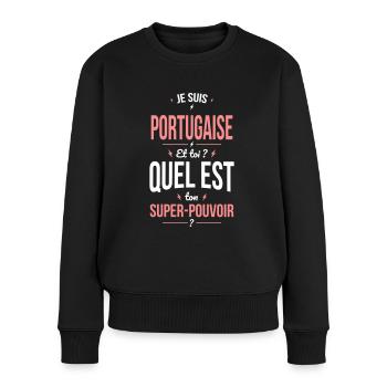 Je suis Portugaise - Super-pouvoir - Cadeau Humour - Pull Premium bio Femme - noir - Devant - Julia (174cm)