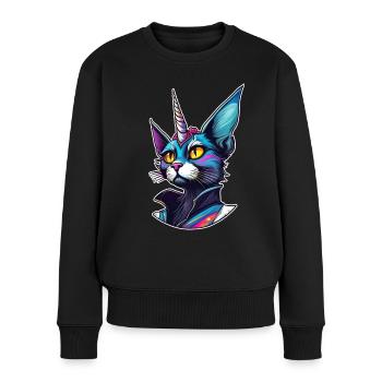 Motif Psychédélique Licorne Chat - Pull Premium bio Femme - noir - Devant - Julia (174cm)