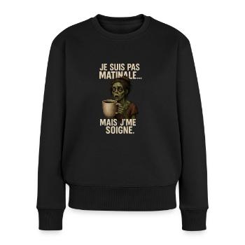 Zombie du Matin Version Femme - Café et Humour - Pull Premium bio Femme - noir - Devant - Julia (174cm)